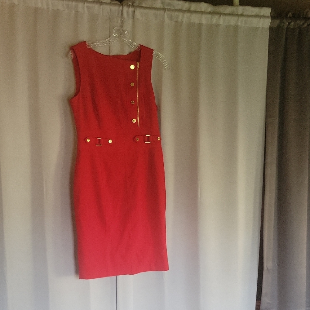 Calvin Klein Red Midi Dress with Gold Accents